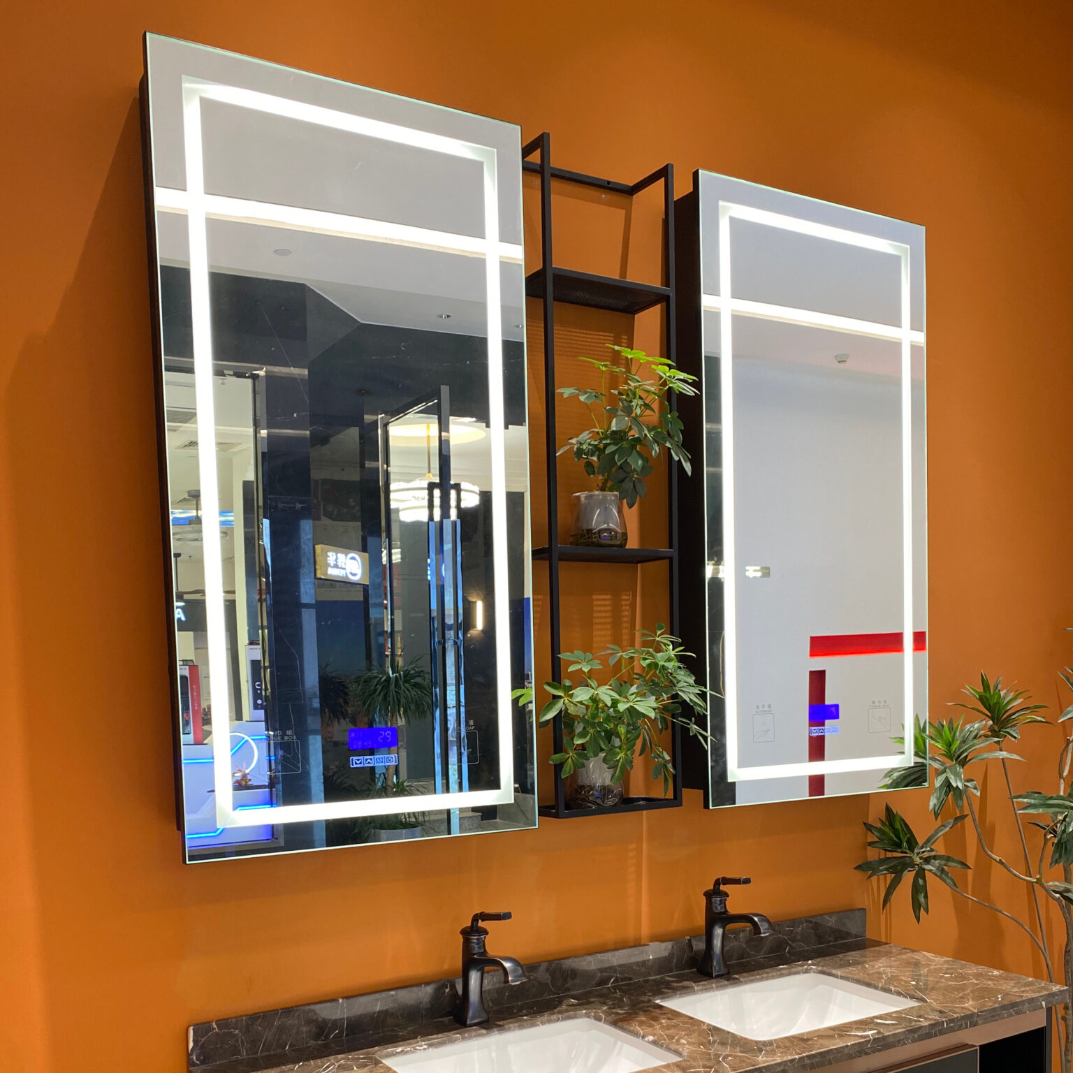 Lighted mirror with soap dispenser, hand dryer, towel dispenser